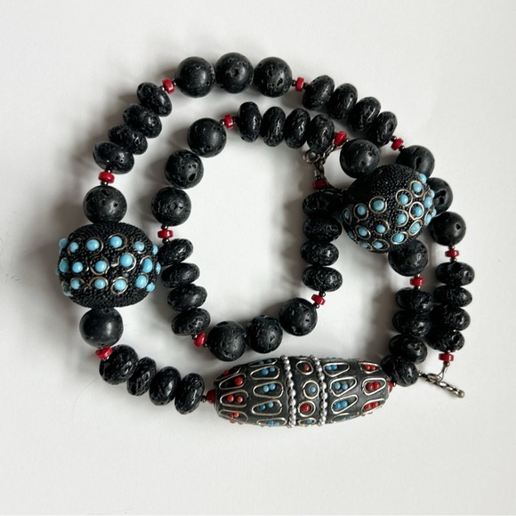Statement Black Lava Bead Turquoise Coral Necklace - Picture 11 of 13